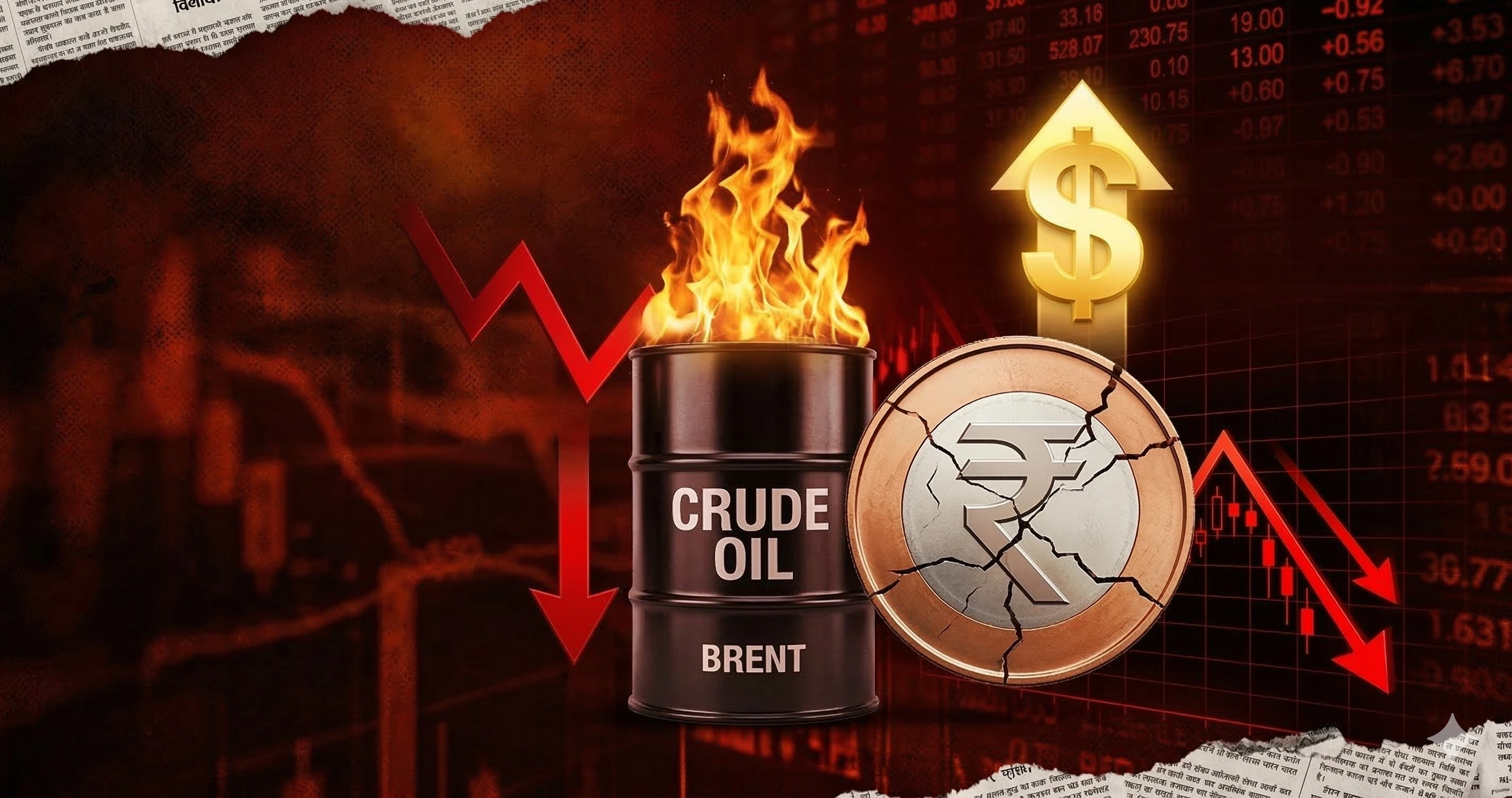 Indian rupee girne ka illustration — Iran war ke baad India mein petrol diesel mehanga.webp